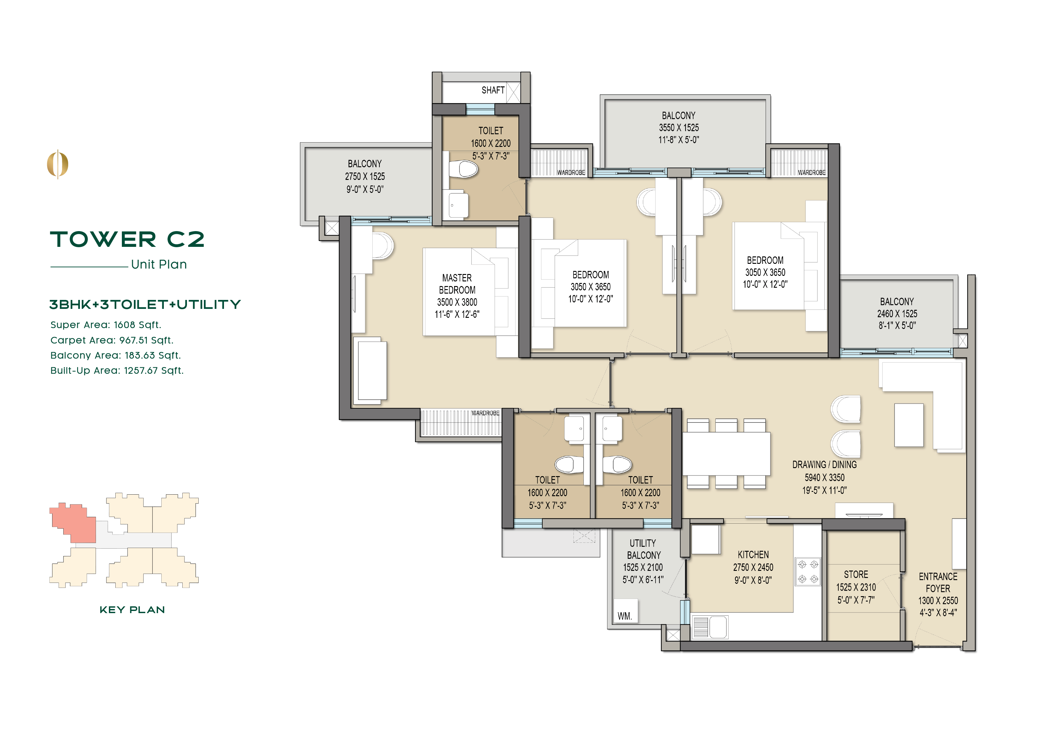 3 BHK + 3T + Utility