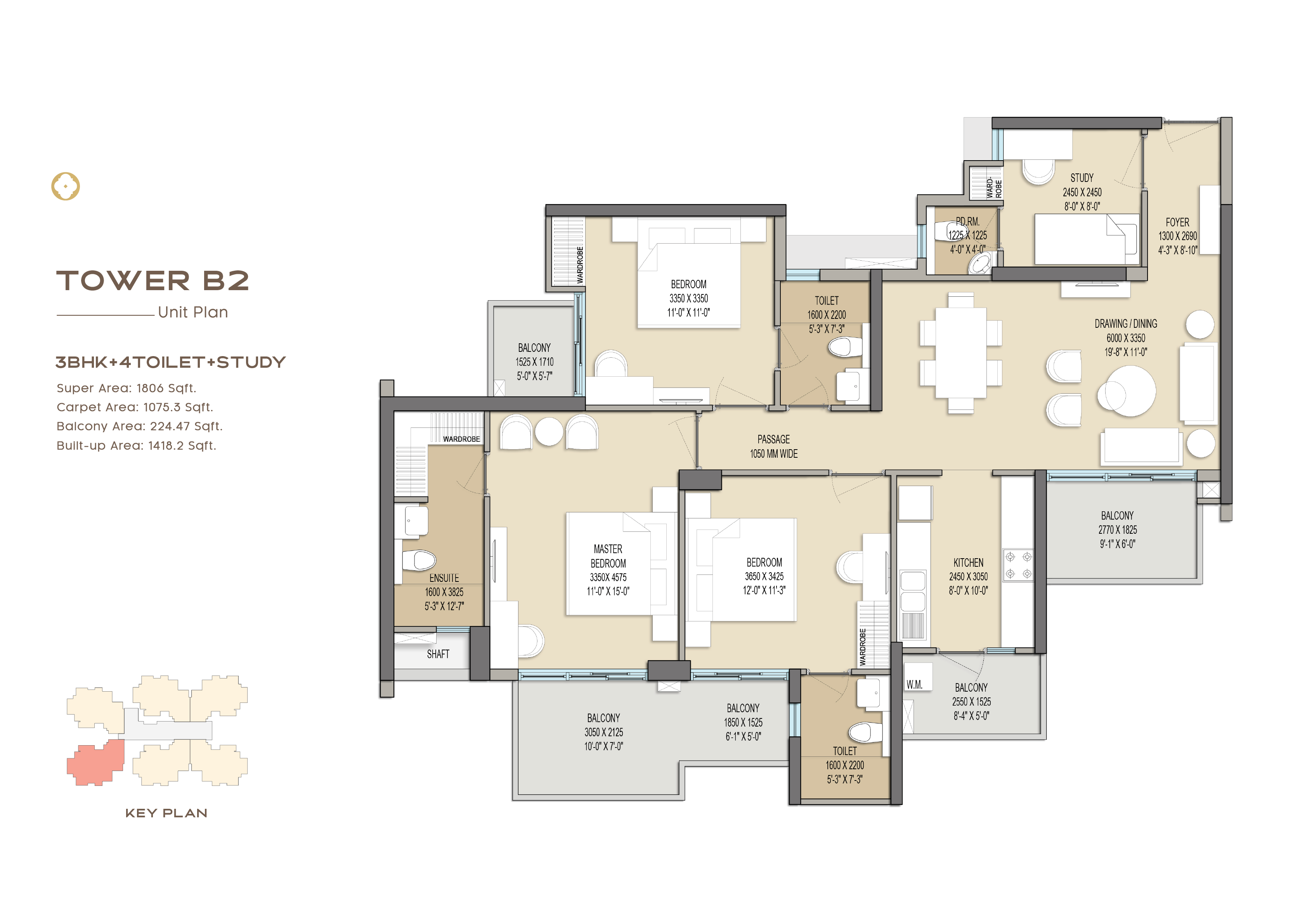 3 BHK + 4T + Study